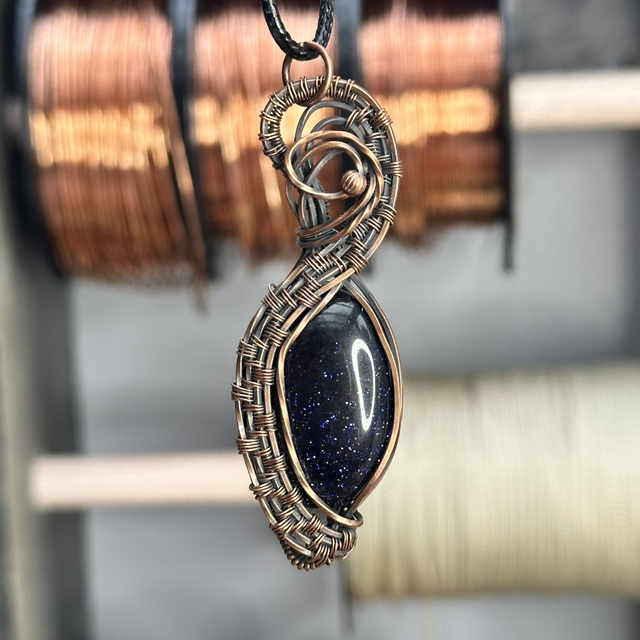 Blue goldstone pure copper wrapped pendant 