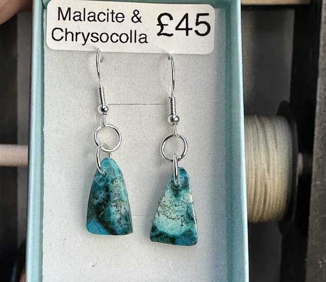 Malachite &amp; Chrysocolla 925 silver hooked earrings 