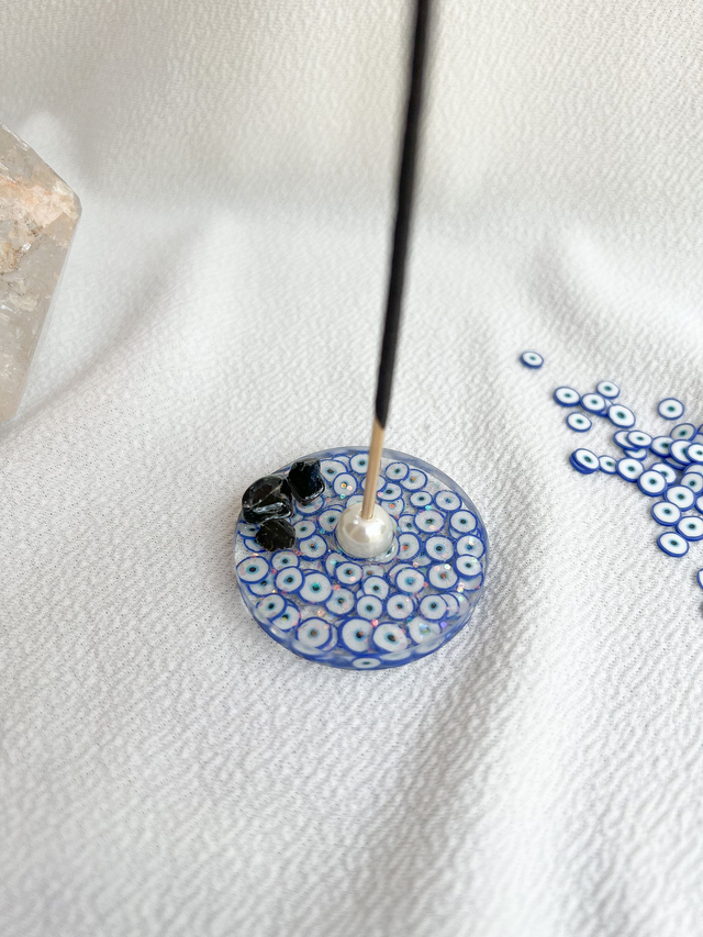 Mini Incensário Olho Grego e Turmalina Negra pra Proteção