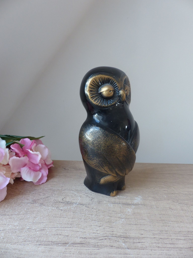 Statue Chouette Zen en Résine Noire et Dorée : Élégante Décoration Intérieure Maison – Original Idéal pour Décorer le Bureau ou Comme Cadeau