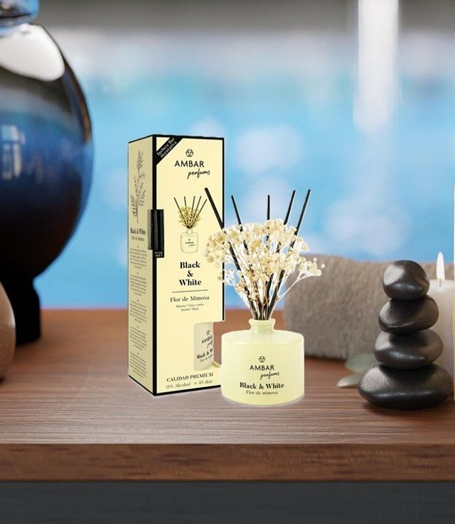 Mikado Ambar - Black &amp; White " Fleur de mimosa "