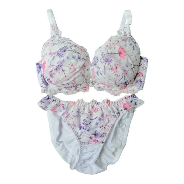 Purple + white embroidered Japanese Bra + Underwear Set UK 32DD