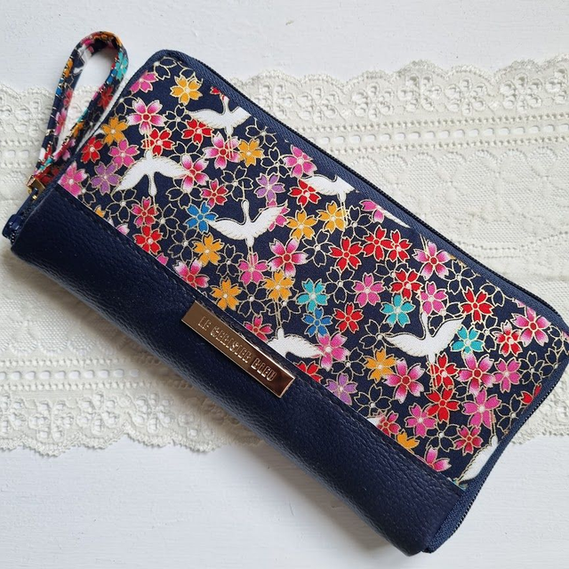 Portefeuille long zippé &quot;Grues&quot; simili cuir bleu marine