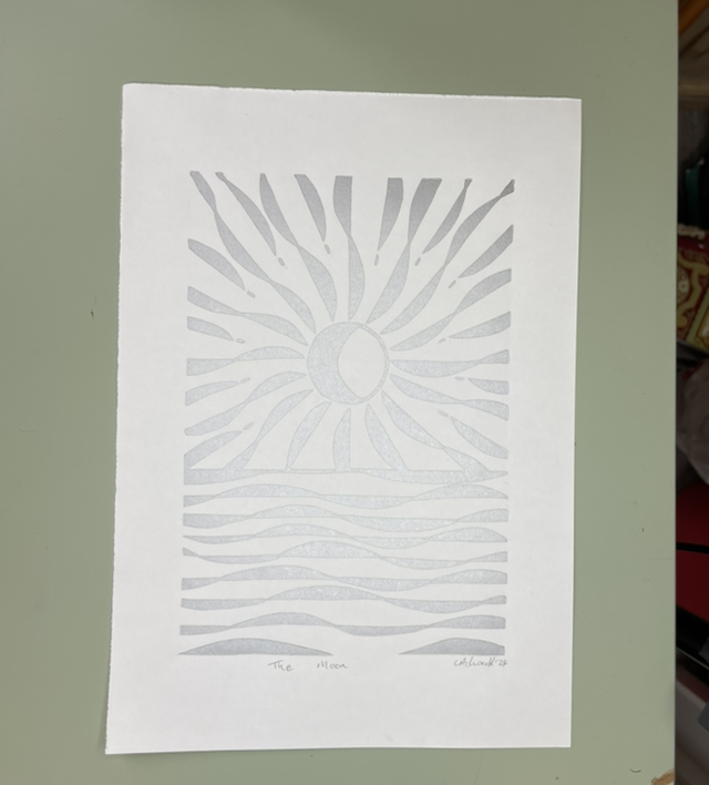 The Moon, Lino Print in Silver