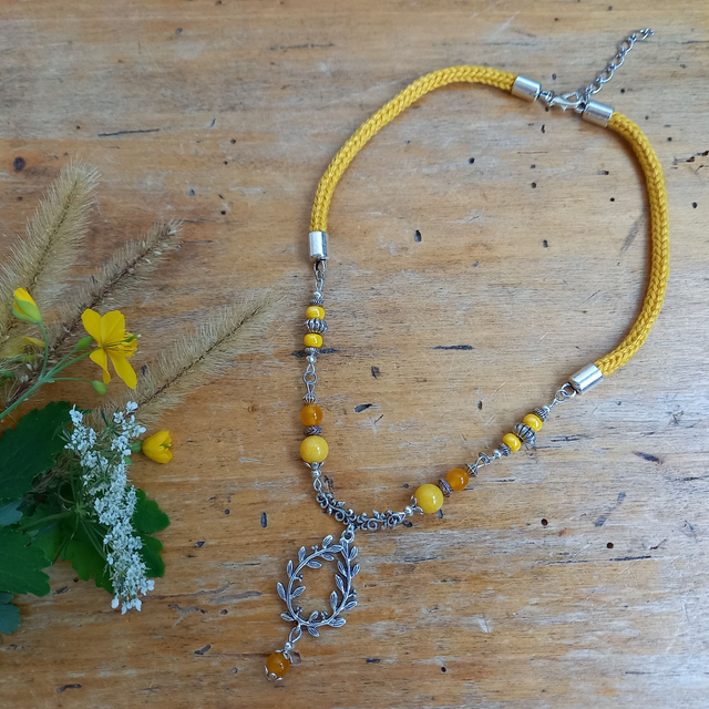 Parure jaune et argenté - Collier ras de cou Feuillages