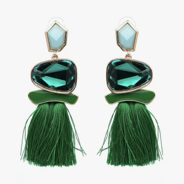 Green jewelled tassel earrings