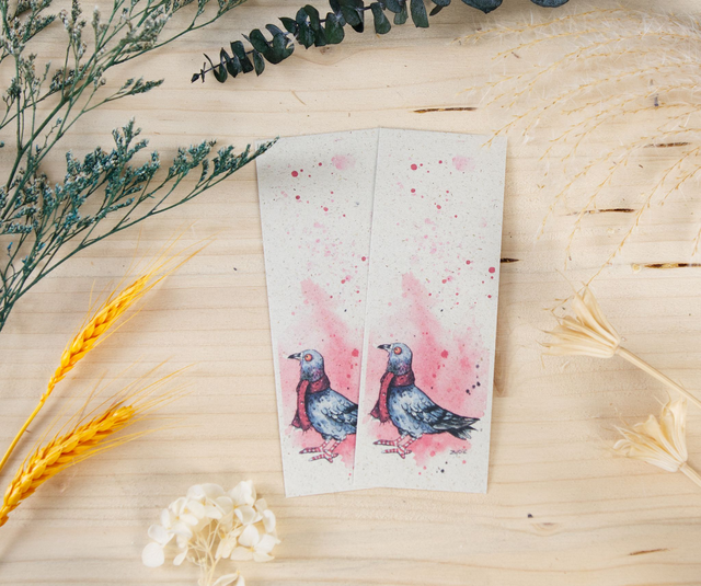 Graspapier Lesezeichen - Taube mit Schal