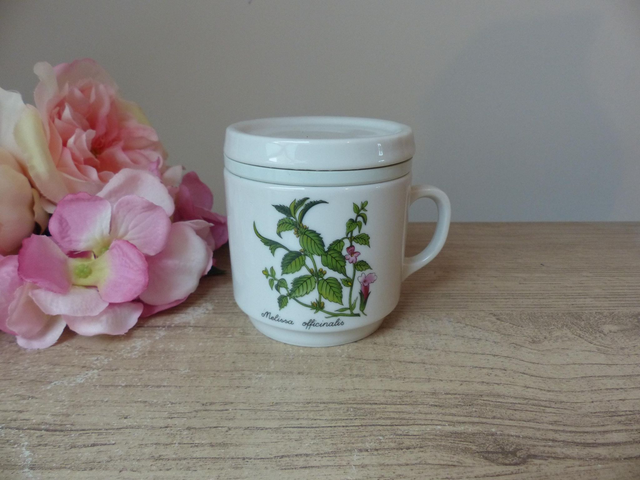 Tisanière vintage en porcelaine – décor fleurs de mélisse – avec filtre et couvercle – fabriquée en Allemagne
