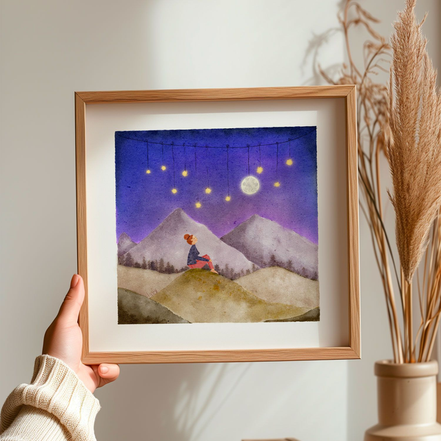 Affiche carrée La fille et le Ciel étoilé Décoration atelier, chambre | Illustration jeunesse