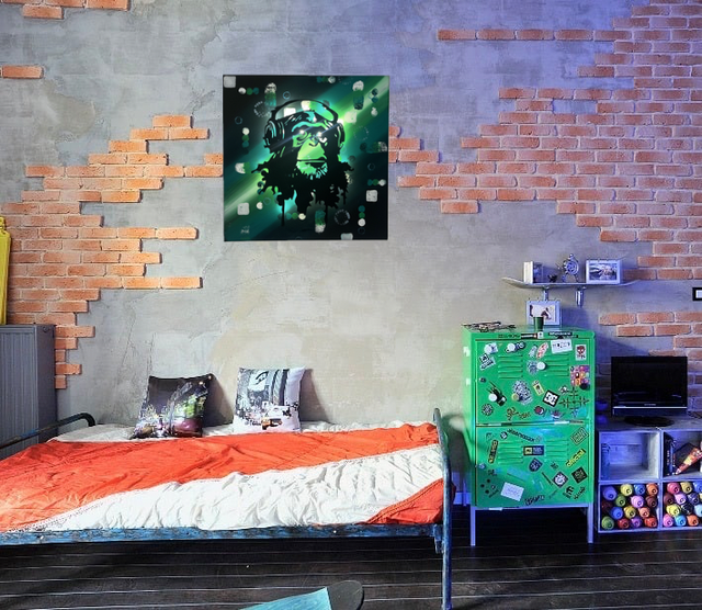 Tableau abstrait vert avec singe lumineux up cycling