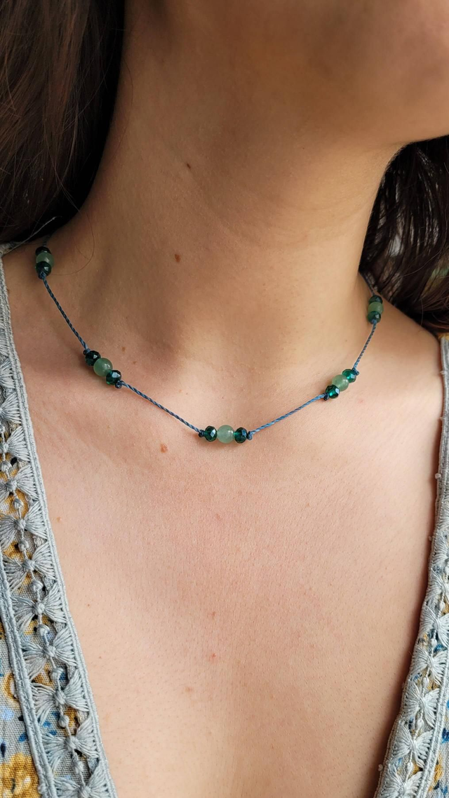 Collier de perles réglable - Aventurine et perles de verre vertes