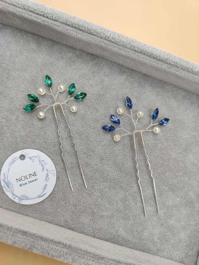 Épingles à cheveux argentées avec strass verts ou bleus et perles - Accessoires faits main élégants