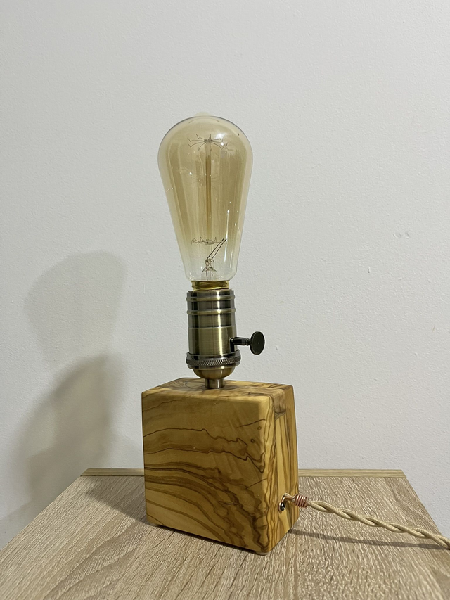 Natural Olive Wood Table Lamp Block Base Handmade with Edison Bulb included.