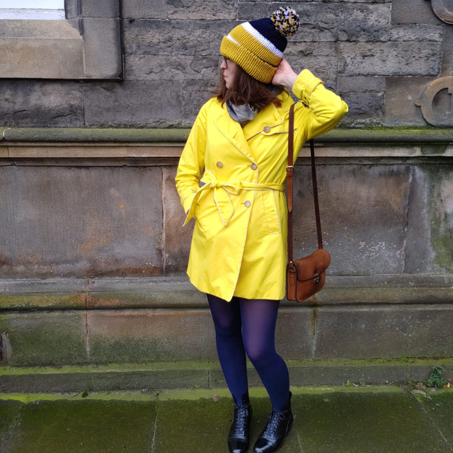 💛 Funky Chunky Bobble Hat – Mustard Gold, Navy &amp; White – Handmade in Scotland