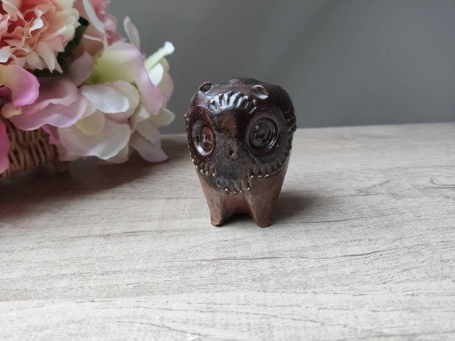 Ancien et rare Figurine sculpture chouette hibou en grès marron zoomorphe poterie Vintage