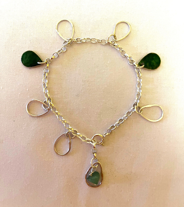 Recycled Sterling Silver and Green Enamel Teardrop Charm Bracelet