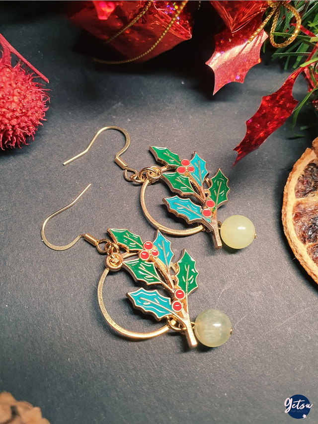 Boucles d&#039;oreilles houx et jade