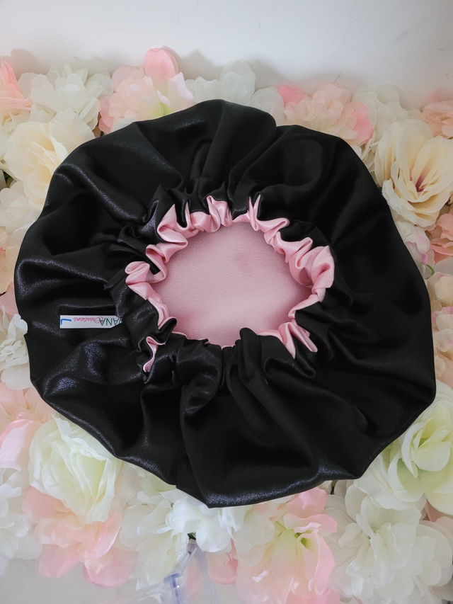 Bonnet en satin américain réversible Rose & Noir | Protection cheveux nuit | Anti-frisottis | Tailles S, M, L | Double face fait main