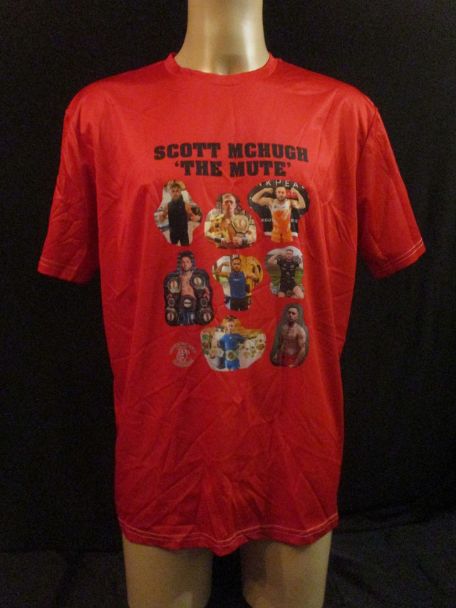 Scott McHugh Champion Bare Knuckle Boxer Picture T-Shirt (Black Bubble Logo) ADULT 100% Polyester Crew Neck RED (X-Large) Top 