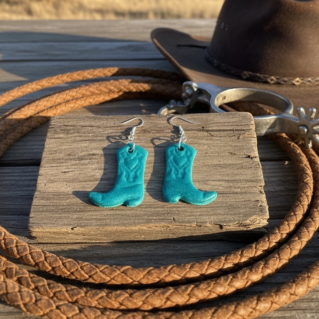 Teal Shimmer Polymer Clay Cowboy Boot Earrings
