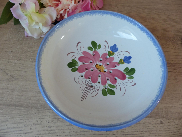 Ensemble Égouttoir et Plat à Fruits - Faïence Artisanale Pornic, Peint Main, Style Cuisine Française, Motifs Floraux, Déco Cuisine Campagne