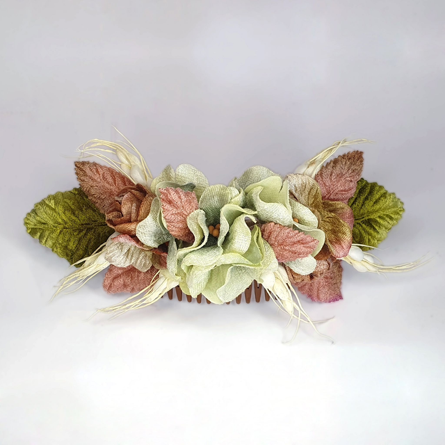 Peineta tocado de flores, hojas y trigo tonos verdes y rosas Bel