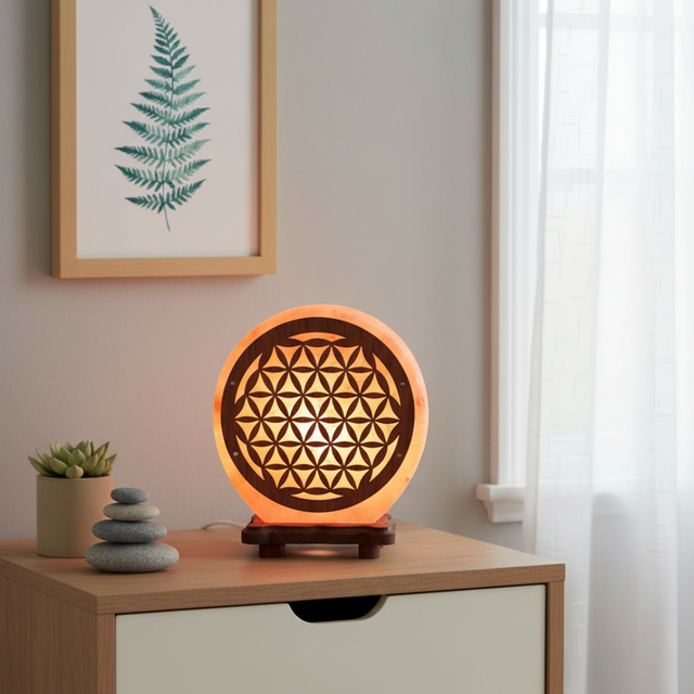 Lampe de Sel d'Himalaya rose à frame - Lampe de Sel Fleur de Vie