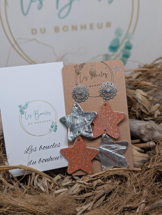 Boucles d&#039;oreilles Double star orange argenté ds041 