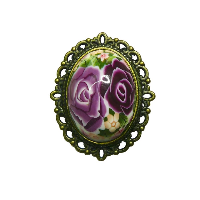 Broche rétro ovale deux roses violet