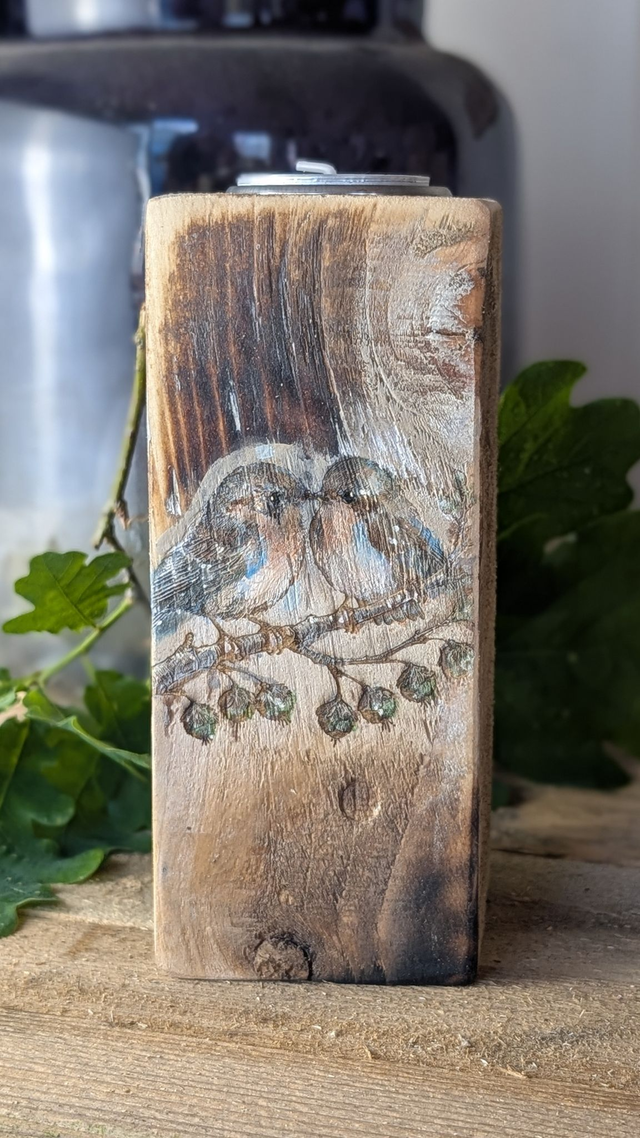 Birds in tree in rustic harmony - Tealight Holder Reclaimed Wood