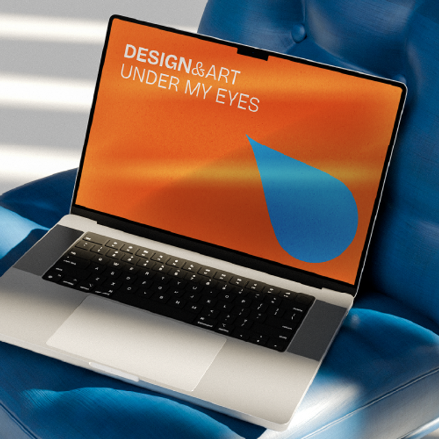 [Mockup] Macbook na Cadeira Azul - Bundle - 3 views