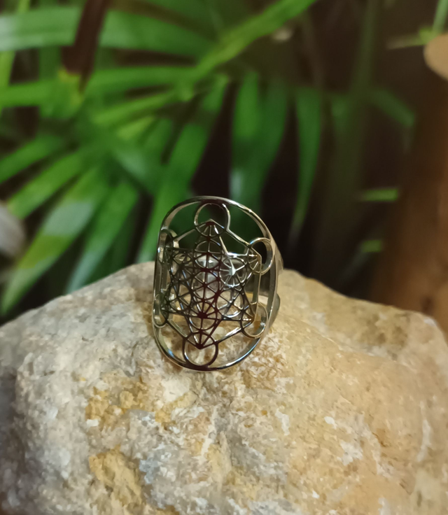 Bague ajustable symbole Métatron en acier inoxydable argent