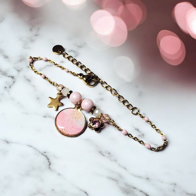 bracelet acier inoxydable motifs japonais rose et doré