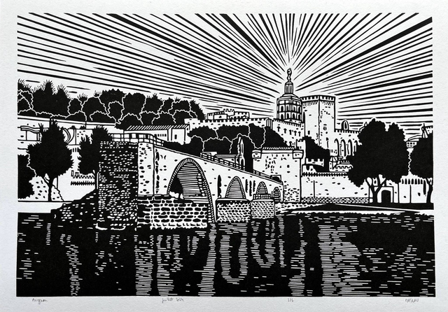 Avignon : le Pont Saint-Bénezet sur le Rhône  • Linogravure noire 21 x 30 cm