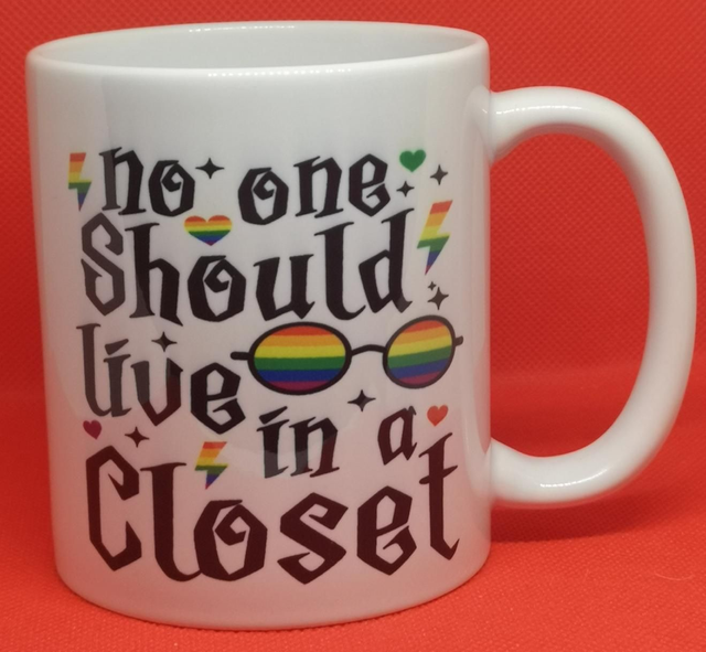 Custom Designed And Printed Harry Potter Themed Pride "No One Should Live In A Closet" Mug. 