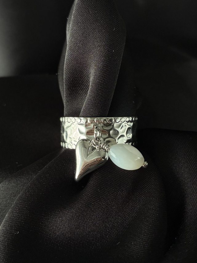 Bague réglable martelée Coeur Perlé Argenté