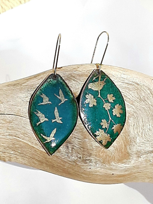 Boucles Grandes Feuilles Vertes " Vol d'oiseaux"