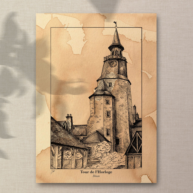 Affiche A4 - Café - Dinan, Tour de l'Horloge