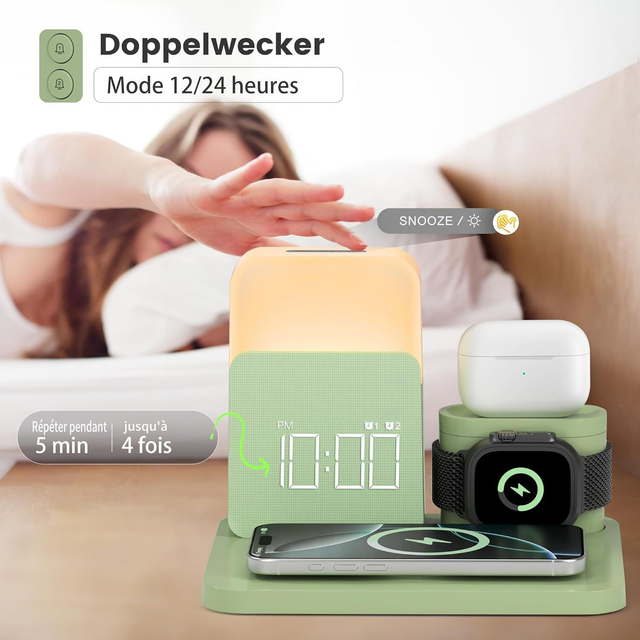 Station de Charge 3-en-1 COSLUS – Charge Sans Fil 15W, Réveil Lumineux & Lampe de Chevet (Vert)