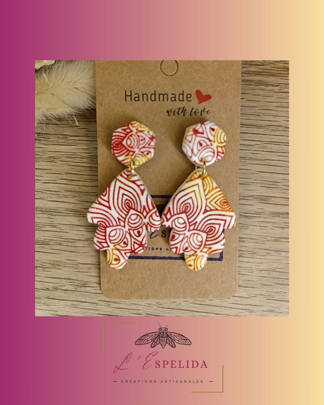 Plumes imprimées Mandala rouge et orange 