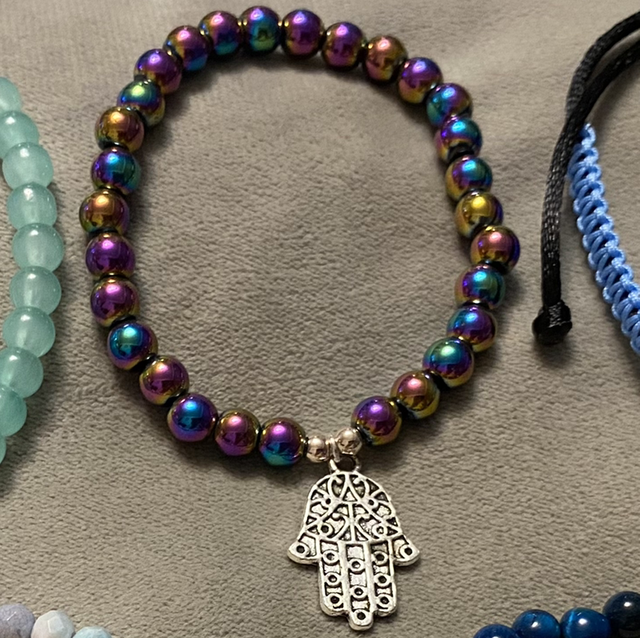 Rainbow Hematite/Hamsa bracelet 