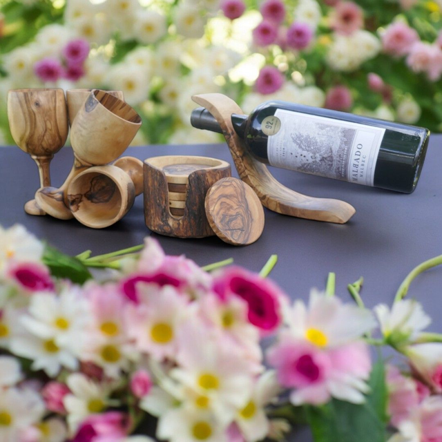 Olive Wood Wine Glass &amp; Bottle Holder + Coaster Set