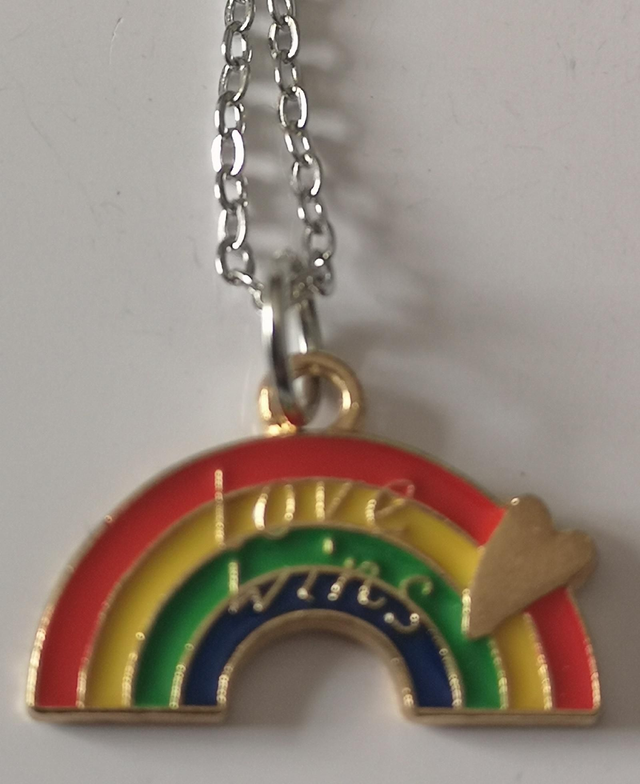 Enamel Rainbow Love Wins Arc Pendant Necklace. 