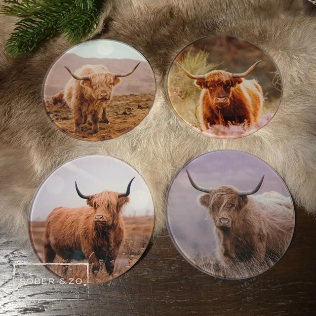Glazen onderzetters met foto; Hooglander