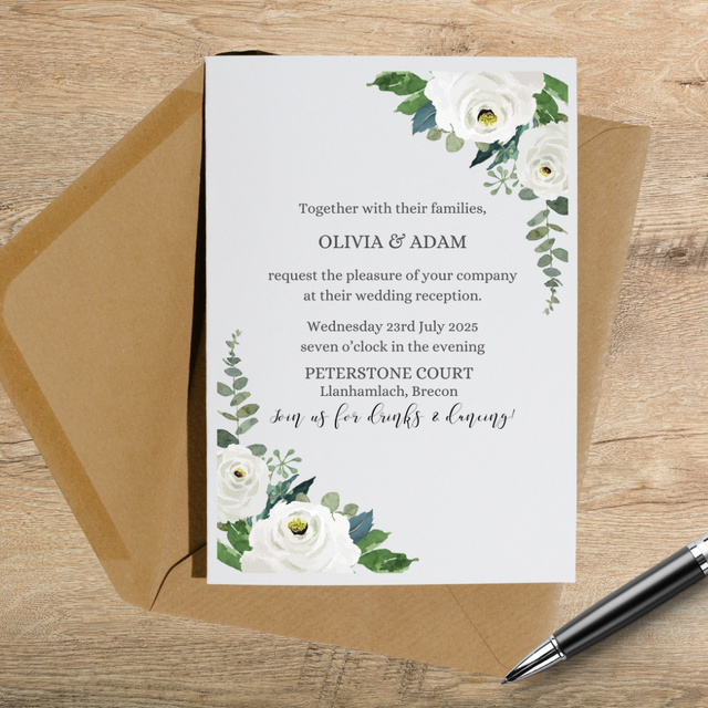 Alexis white rose design - Pack of A6 evening invitations