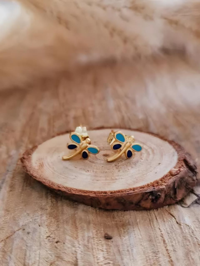 Boucles d'oreilles puces "Libellules" - Modèle bleu 