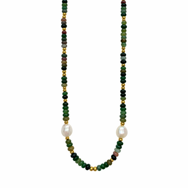 Collar piedras verdes y perlas 