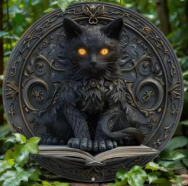 Vintage rond metalen bord Magische zwarte kat (20cm)