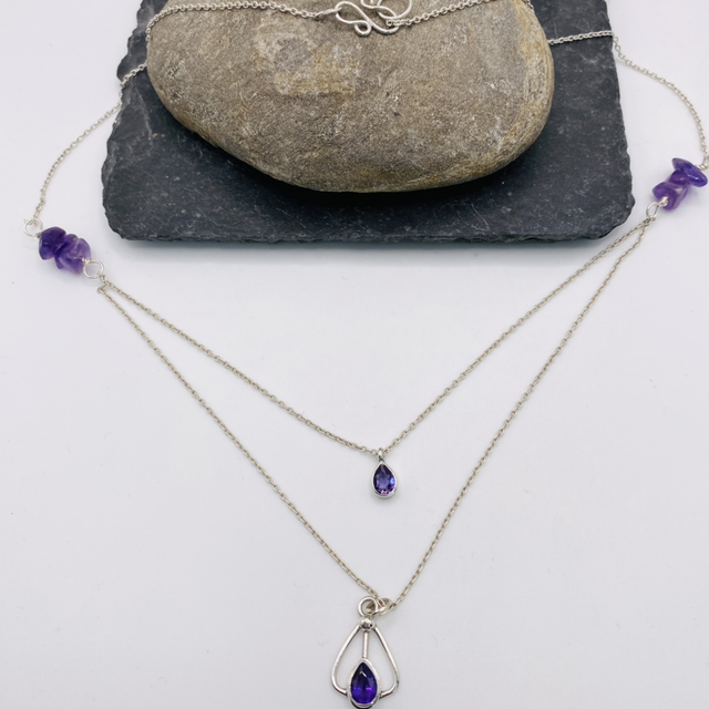 REMODELLED Amethyst and Sterling Silver Drop Necklace 