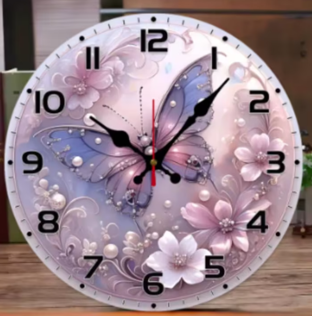 Ronde wandklok van hout analoge Vlinder en parels (25cm)